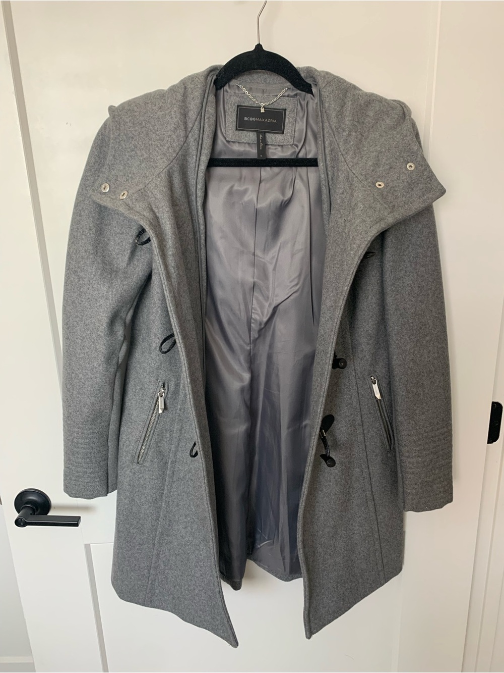 BCBGMAXAZRIA Gray Hooded Gray Wool-Blend Peacoat
